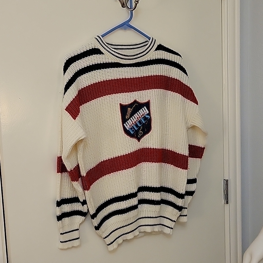 VTG MIXED BLUES 1980s Oversized Varsity Grunge Unisex Pullover Sweater - Picture 2 of 6